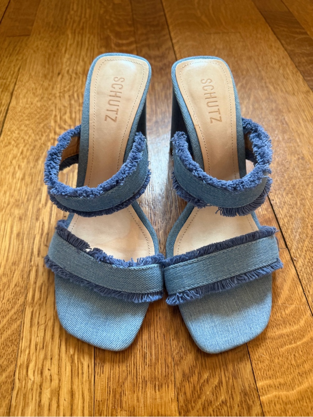 SCHUTZ Denim Blue Frayed Double-Strap Block Heel Sandals
